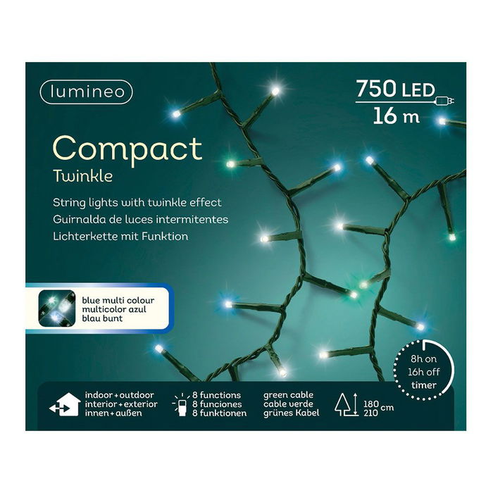 Guirnalda LED Compact 750 Luces Parpadeante Blanco, Azul, Turquesa Cable Verde 21m