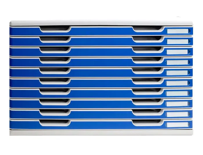Exacompta Módulo Cajones Sobremesa Classic 10 Cajones Poliestireno DIN A3 Gris Claro/Azul 576x320x350 mm