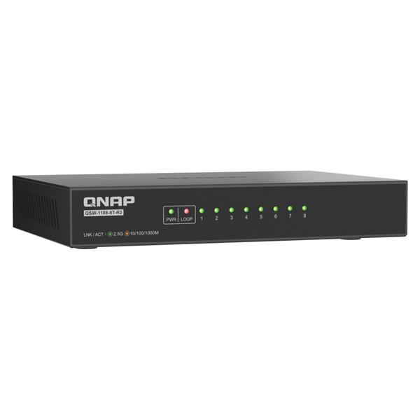 Qnap QSW-1108-8T-R2 Switch de red no gestionado, 8 puertos 2.5GbE RJ45 (10/100/1000/2500 Mbps), Plug and Play, diseño silencioso sin ventilador