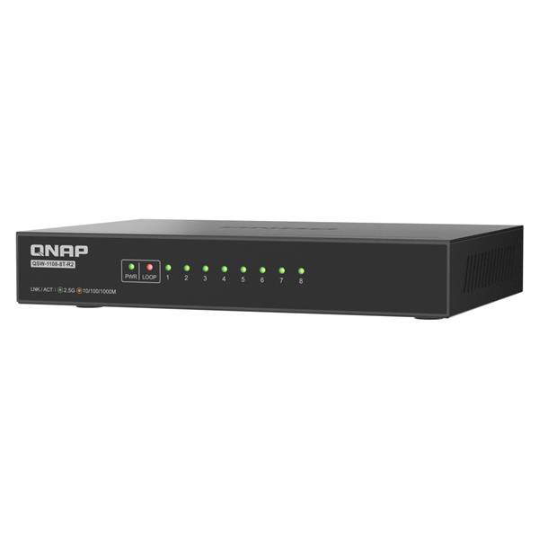 Qnap QSW-1108-8T-R2 Switch de red no gestionado, 8 puertos 2.5GbE RJ45 (10/100/1000/2500 Mbps), Plug and Play, diseño silencioso sin ventilador