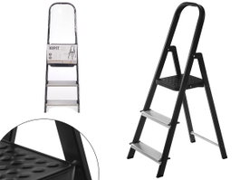 Kipit Escalera Alta de 3 Peldaños, de Aluminio y Acero, con Escalones Antideslizantes, Negra/Plata, 121x38x11.5 cm (Set de 2)
