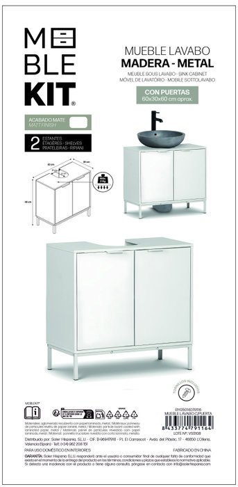 Inde Mueble Lavabo con Puerta Moblekit 60 x 30 x 60 cm