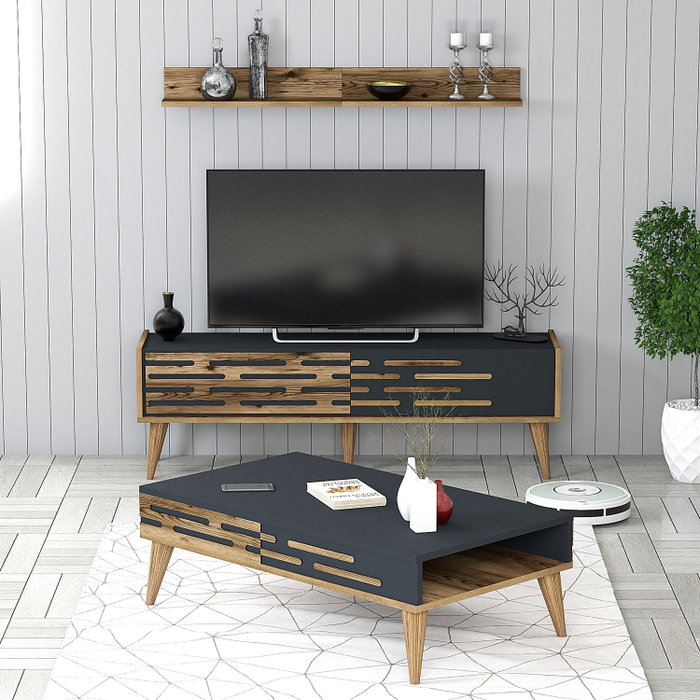 Hanah Home Valensiya 140 Conjunto Muebles Salón Nogal, Antracita