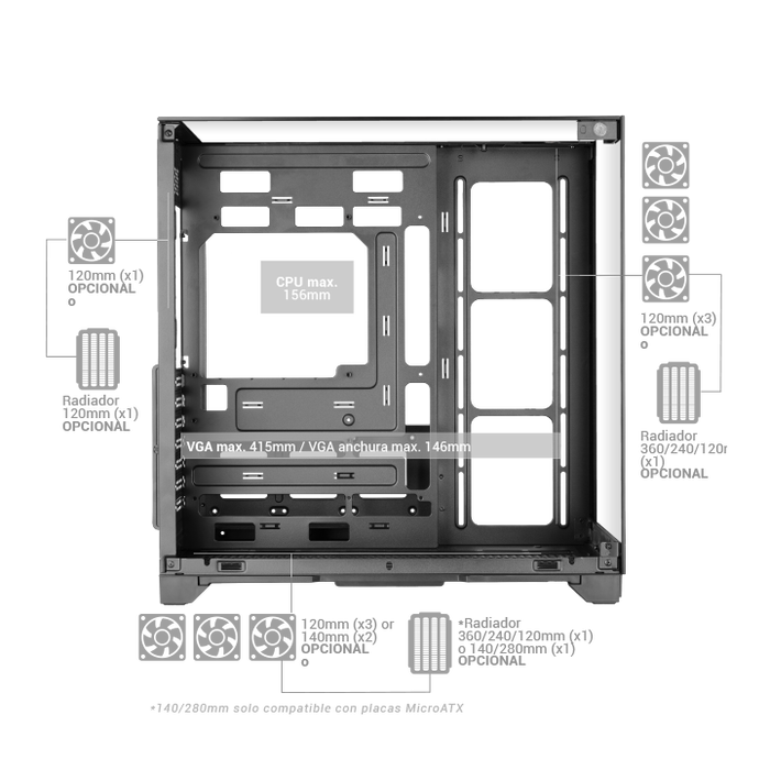 Mars Gaming MCVISION Caja de PC Gaming ATX con triple cristal templado de 270°, soporte para 8 ventiladores y radiador 360mm, USB-C 3.2 Gen2, negra