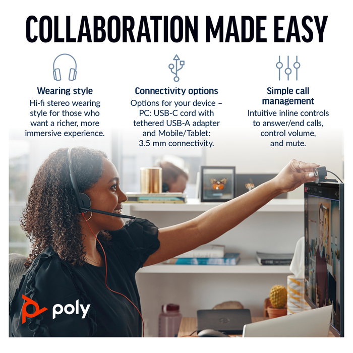Poly Blackwire 3225 Stereo USB-C Headset con conector 3,5 mm y adaptador USB-C/A, Negro Poly Blackwire 3225 Stereo USB-C Headset con conector 3,5 mm y adaptador USB-C/A, Negro