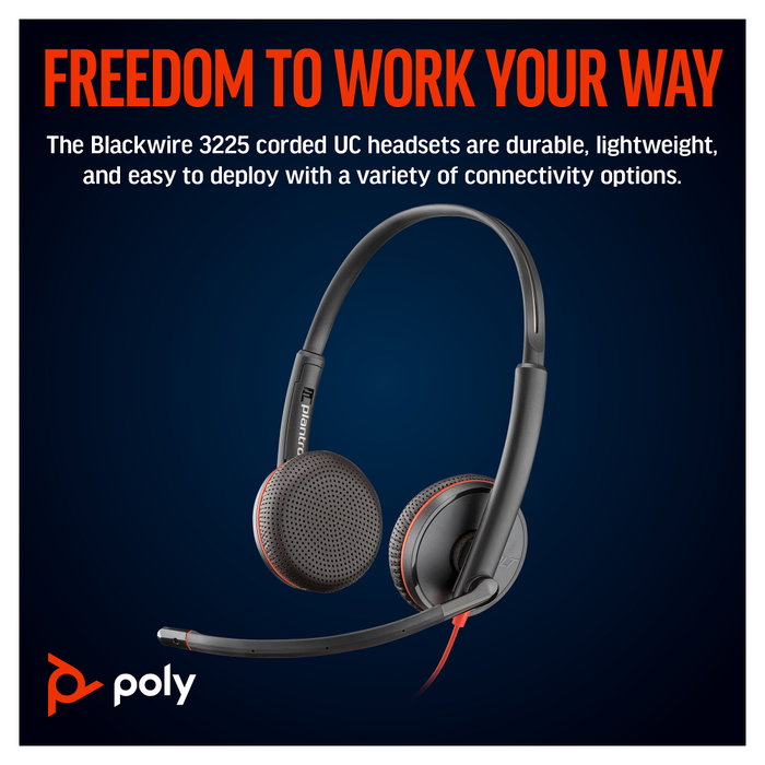 Poly Blackwire 3225 Stereo USB-C Headset con conector 3,5 mm y adaptador USB-C/A, Negro Poly Blackwire 3225 Stereo USB-C Headset con conector 3,5 mm y adaptador USB-C/A, Negro