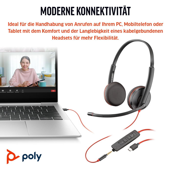 HP Poly Blackwire 3225 Stereo USB-C/A con conector 3,5 mm Negro