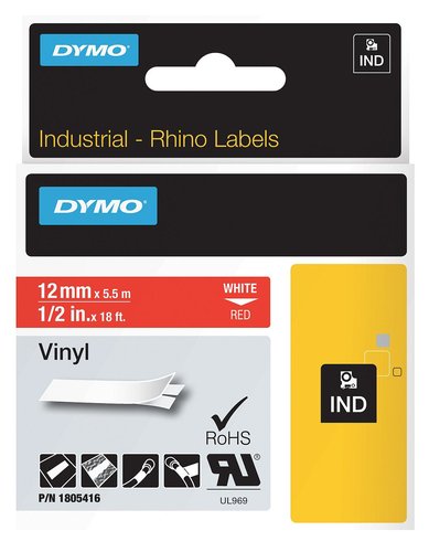Dymo Cinta de Etiquetas Industrial Rhino ID1 de 12 mm x 5,5 m, Blanco sobre Rojo Dymo Cinta de Etiquetas Industrial Rhino ID1 de 12 mm x 5,5 m, Blanco sobre Rojo