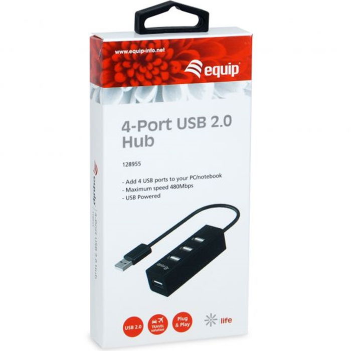 Equip 128955 Hub USB 2.0 Tipo A de 4 Puertos para PC y Portátil, Negro
