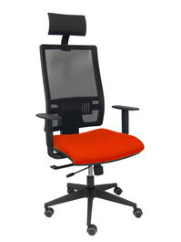 Silla de oficina Horna con mecanismo Sincro/Traslack tapizada con Tela color Naranja oscuro y malla color Negro. Equipada con lumbar 1D, Brazos 1D, Cabecero Fijo y Ruedas de parqué