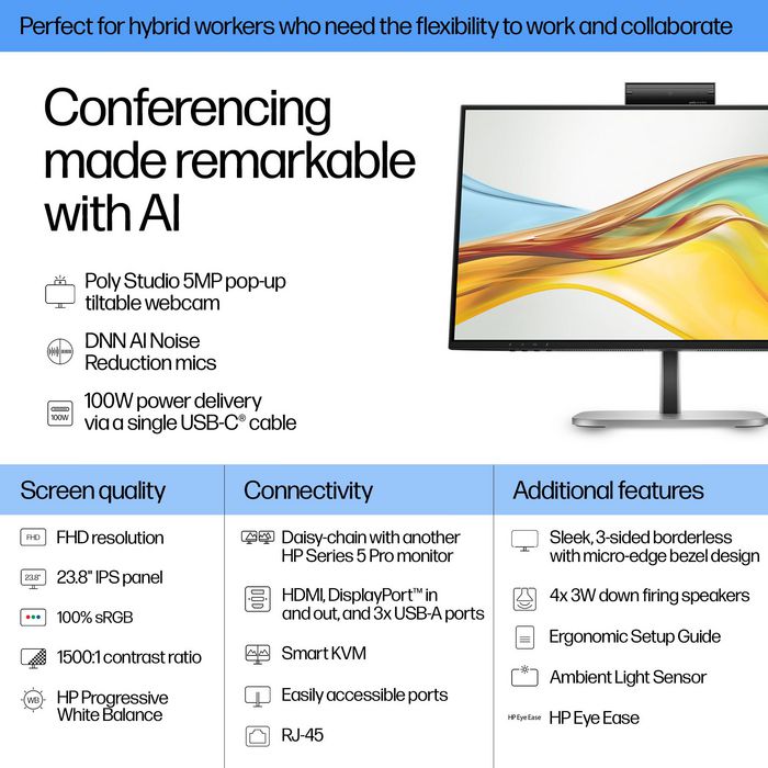 HP Monitor de Conferencias 524pm Serie 5 Pro 23.8" FHD USB-C