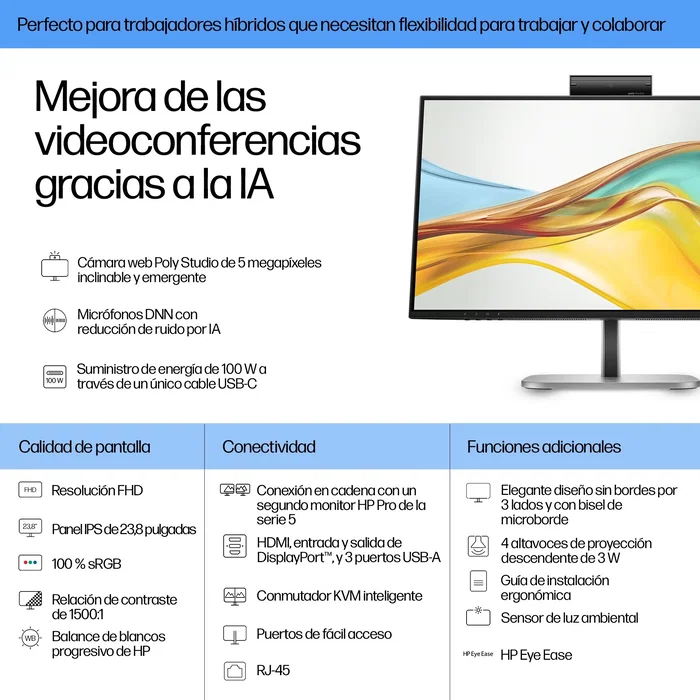HP Series 5 Pro 524pm Monitor de videoconferencia FHD USB-C de 23,8 pulgadas
