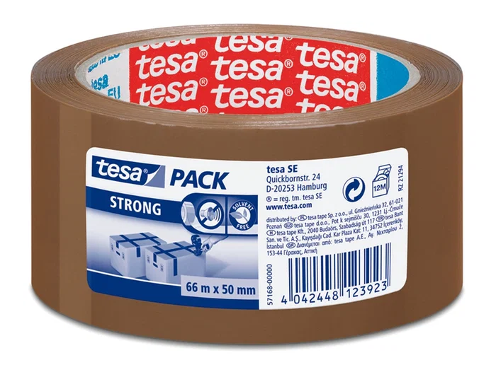 Tesa Cinta Adhesiva Marrón Strong para Embala - 66 m x 50 mm, Desbobinado Silencioso, Alta Adhesión y Resistencia UV, Apta Dispensadores tesaPack
