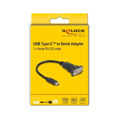 DeLOCK Adaptador USB Type-C a 1 x Serial RS-232 D-Sub 9 con tornillos, 0,225 m
