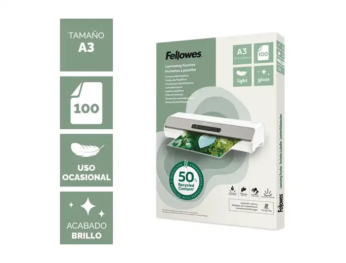 Fellowes Bolsa de Plastificar Recicladas Brillo DIN A3 80 micras, Pack 100 Unidades