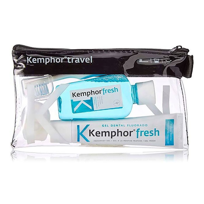 Kemphor Estuche de Viaje Higiene Bucal Completo con Cepillo, Dentífrico, Enjuague y Seda Dental - Colores Surtidos