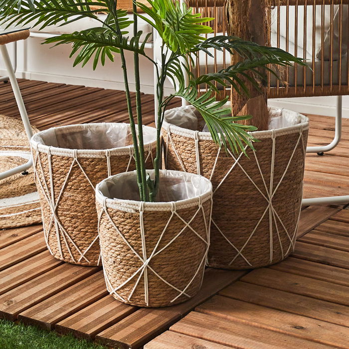 Home Deco Factory Juego de 3 Cestas Trenzadas Espadaña Poliéster Plástico Almacenamiento Maceteros