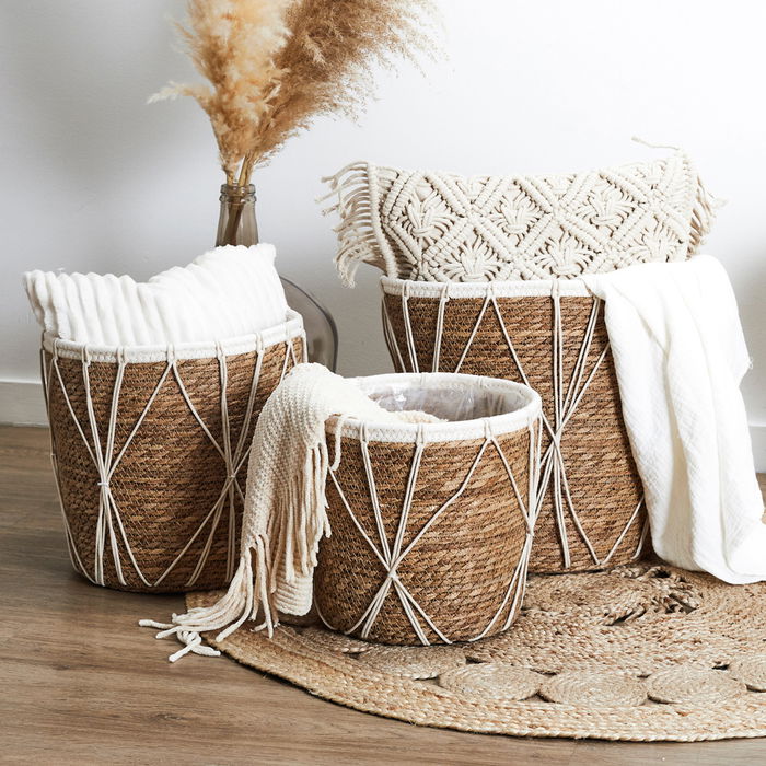 Home Deco Factory Juego de 3 Cestas Trenzadas Espadaña Poliéster Plástico Almacenamiento Maceteros