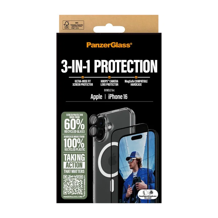 PanzerGlass Protector de Pantalla 3 en 1 para iPhone 16 - Bundle con Vidrio Templado, Resistente a Rayones y Golpes, Aplicación en Seco