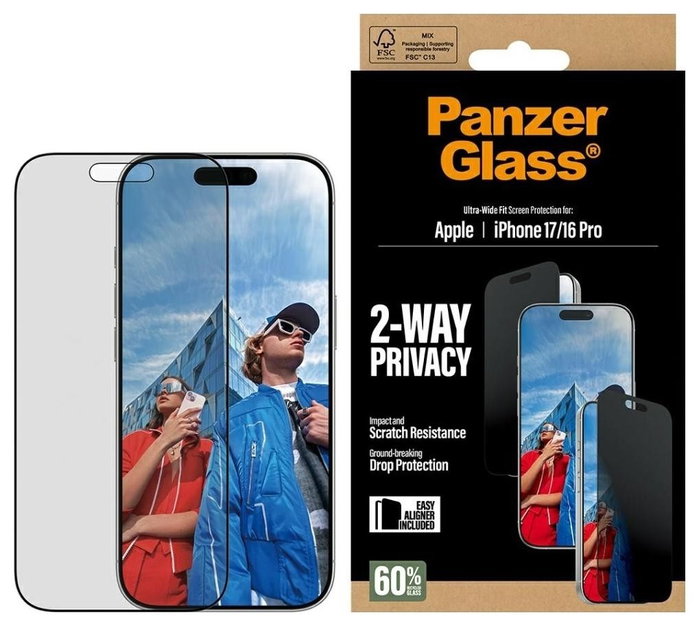 PanzerGlass Protector de pantalla 2-Way Privacy Ultra-Wide Fit para iPhone 17 y iPhone 16 Pro