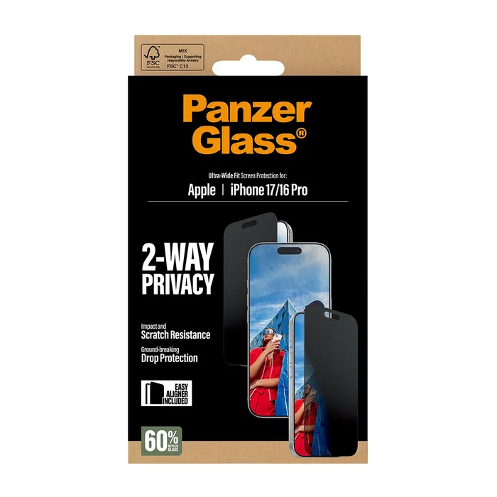 PanzerGlass 2-Way Privacy Screen Protector iPhone 17 iPhone 16 Pro Ultra-Wide Fit w. EasyAligner Protector de Pantalla Vidrio Templado 1 Pieza