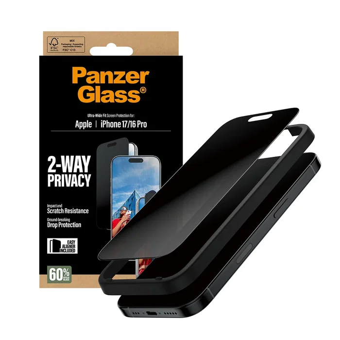PanzerGlass 2-Way Privacy Screen Protector iPhone 17 iPhone 16 Pro Ultra-Wide Fit w. EasyAligner Protector de Pantalla Vidrio Templado 1 Pieza