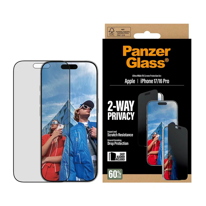 PanzerGlass 2-Way Privacy Screen Protector iPhone 17 iPhone 16 Pro Ultra-Wide Fit w. EasyAligner Protector de Pantalla Vidrio Templado 1 Pieza
