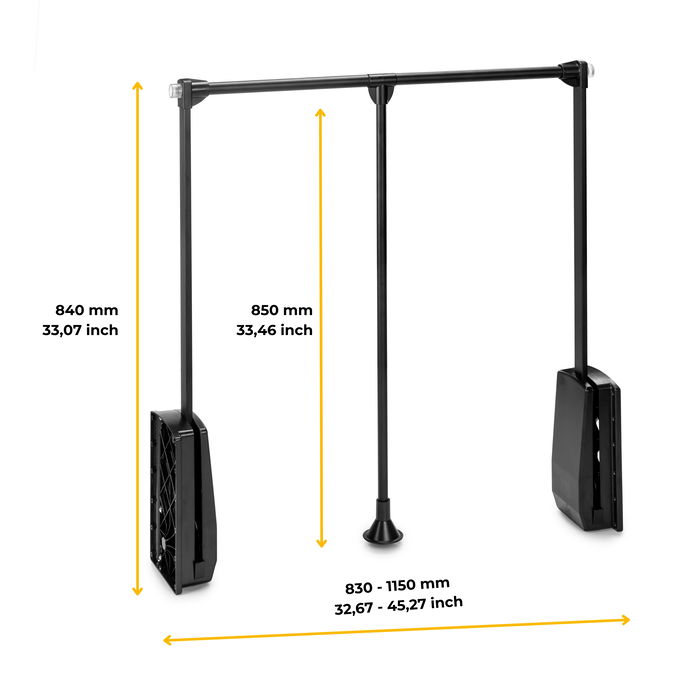Emuca Colgador abatible para armario Hang, ancho regulable 830-1150mm, Acero y Plástico, Pintado negro