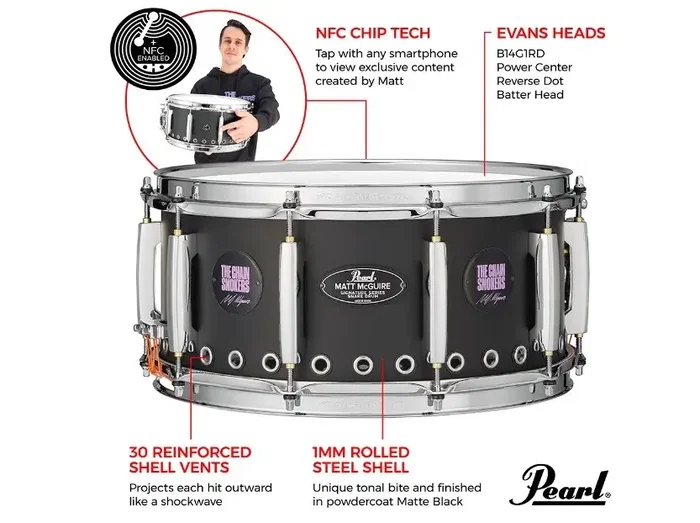 Pearl Caja 14 X 6,5" Matt McGuire Signature Pearl Acero Negro Mate Acero Laminado 1mm Aros SuperHoop II Bellotas CL Bridge Tour's Edition Chip NFC