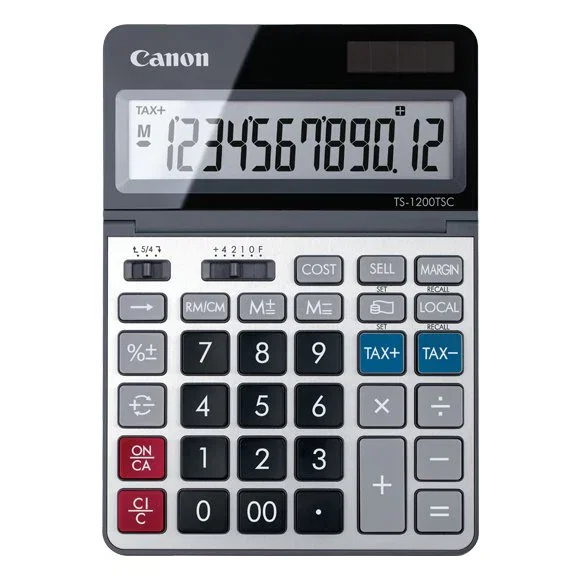 Canon TS-1200TSC Calculadora de Escritorio Básica, 12 Dígitos, Pantalla LCD Inclinable, Convertidor de Divisas, Cálculo de Impuestos, Diseño Metálico