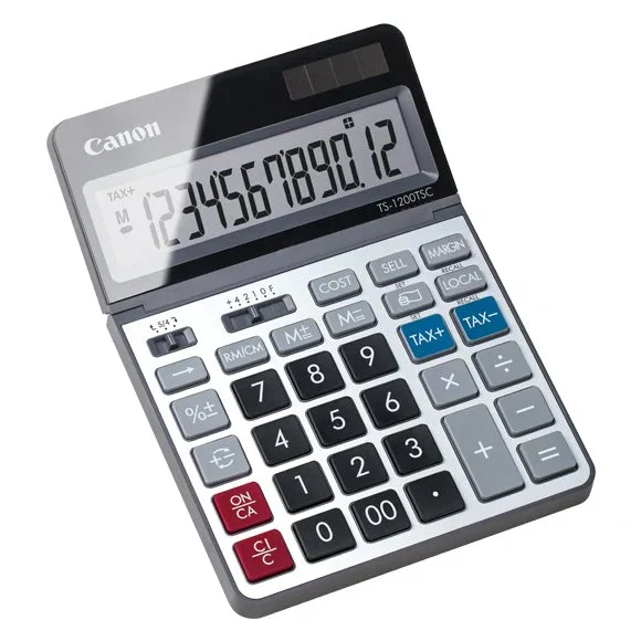 Canon TS-1200TSC Calculadora de Escritorio Básica, 12 Dígitos, Pantalla LCD Inclinable, Convertidor de Divisas, Cálculo de Impuestos, Diseño Metálico