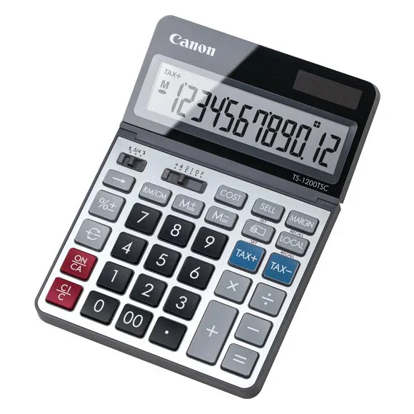 Canon TS-1200TSC Calculadora de Escritorio Básica, 12 Dígitos, Pantalla LCD Inclinable, Convertidor de Divisas, Cálculo de Impuestos, Diseño Metálico