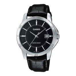 Casio MTP-V004L-1A con correa de cuero negro y esfera negra