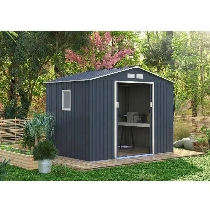 Caseta de jardín de metal 5,29 m² - 277 x 191 x 202 cm - Kit de anclaje incluido - Gris Caseta de jardín de metal 5,29 m² - 277 x 191 x 202 cm - Kit de anclaje incluido - Gris