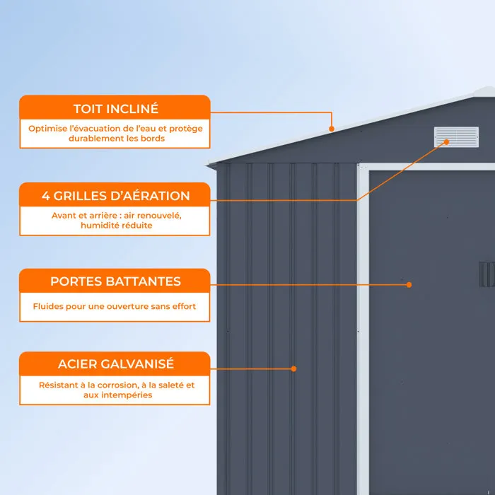 Caseta de jardín de metal 5,29 m² - 277 x 191 x 202 cm - Kit de anclaje incluido - Gris Caseta de jardín de metal 5,29 m² - 277 x 191 x 202 cm - Kit de anclaje incluido - Gris