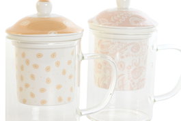DKD Home Decor Mug Infusiones Shabby Rosa Azul Porcelana Cristal 8 x 14.5 x 12 cm 300ml