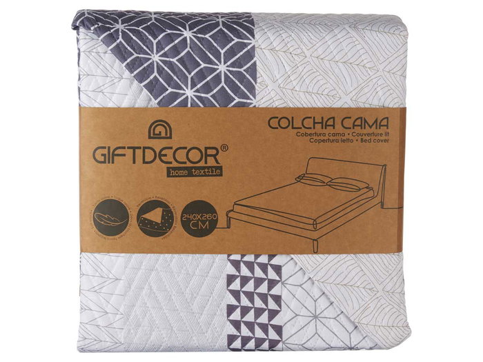 Giftdecor Colcha Cama Reversible 240x260 cm Hexágonos Azul Blanco Gris Tacto Suave Poliester (Set de 6)