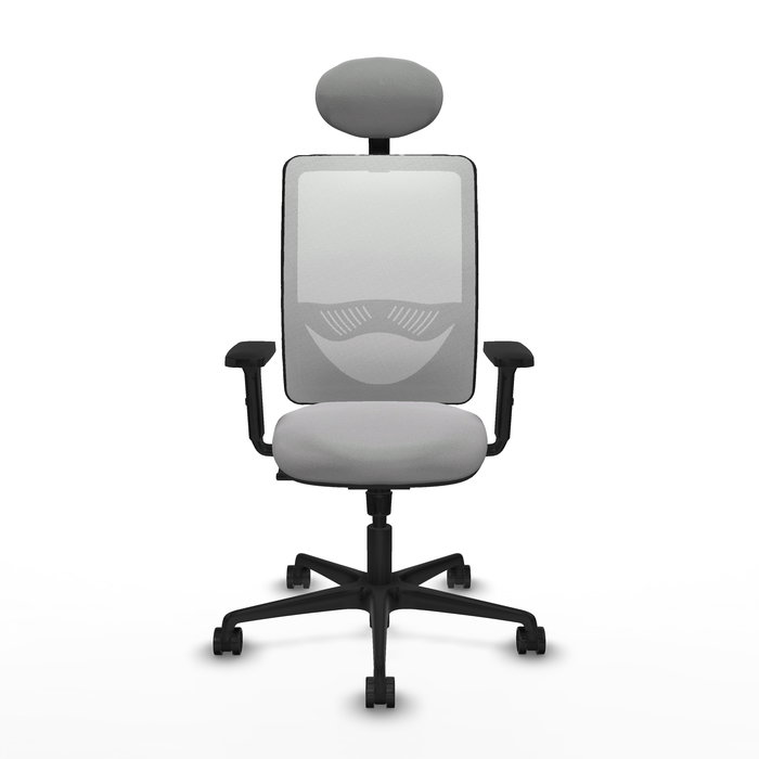 Silla de oficina Zulema con mecanismo Sincro tapizada con Tela color Gris claro y malla color Blanco. Equipada con lumbar 1D, Brazos 2D, Cabecero Fijo y Ruedas 65mm nailon