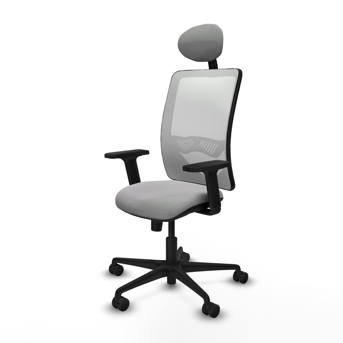 Silla de oficina Zulema con mecanismo Sincro tapizada con Tela color Gris claro y malla color Blanco. Equipada con lumbar 1D, Brazos 2D, Cabecero Fijo y Ruedas 65mm nailon