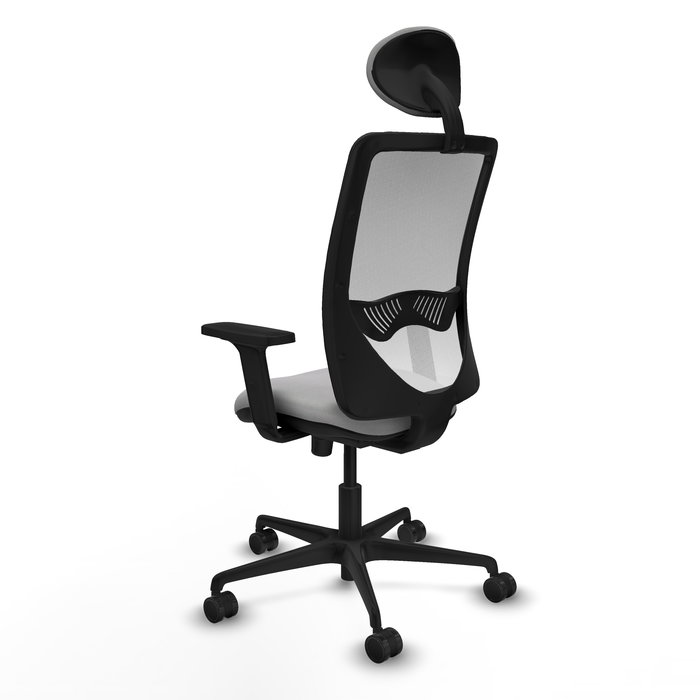 Silla de oficina Zulema con mecanismo Sincro tapizada con Tela color Gris claro y malla color Blanco. Equipada con lumbar 1D, Brazos 2D, Cabecero Fijo y Ruedas 65mm nailon
