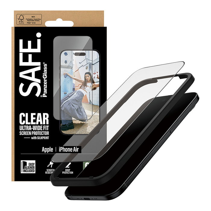 PanzerGlass SAFE Protector de Pantalla con Marco Negro para iPhone Air | Ultra-Wide Fit con EasyAligner, Aplicación en Seco, Anti-Rayones y Golpes