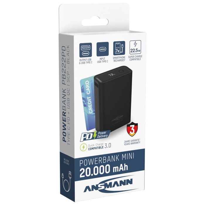 Ansmann Powerbank PRO 20000 mAh USB-A+C 22,5W Negro