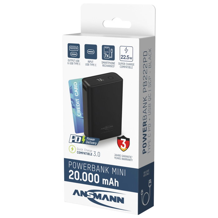 Ansmann Powerbank PRO 20000 mAh USB-A+C 22,5W Negro