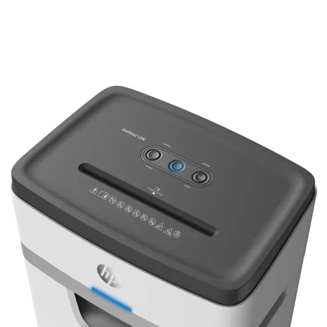 HP OneShred 12MC - Destructora de papel de microcorte, nivel P-5, 22 cm de ancho, 25L de capacidad, color blanco, 65 dB