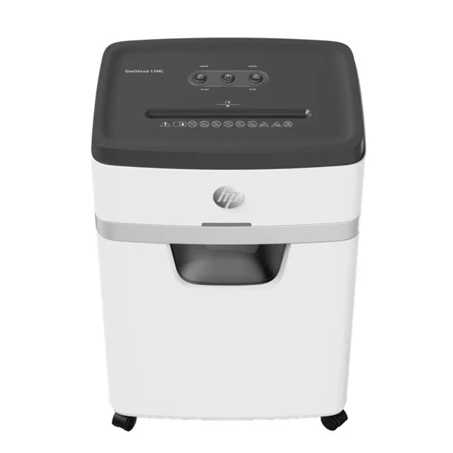 HP OneShred 12MC - Destructora de papel de microcorte, nivel P-5, 22 cm de ancho, 25L de capacidad, color blanco, 65 dB