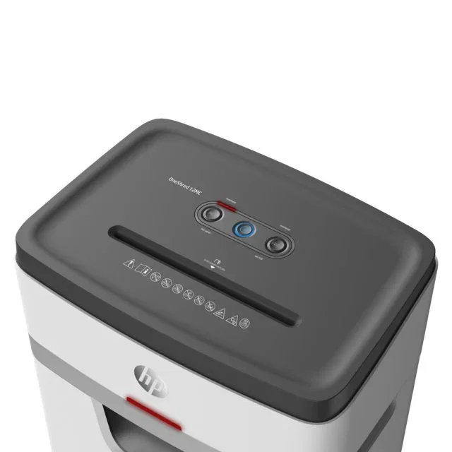 HP OneShred 12MC - Destructora de papel de microcorte, nivel P-5, 22 cm de ancho, 25L de capacidad, color blanco, 65 dB