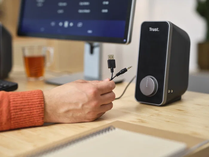 Trust Arys - Altavoces 2.0 para PC/Portátil, 28W (14W RMS), USB/Alimentación por Cable, Negro, Con Control de Volumen y Entrada para Auriculares, Modelo 20179