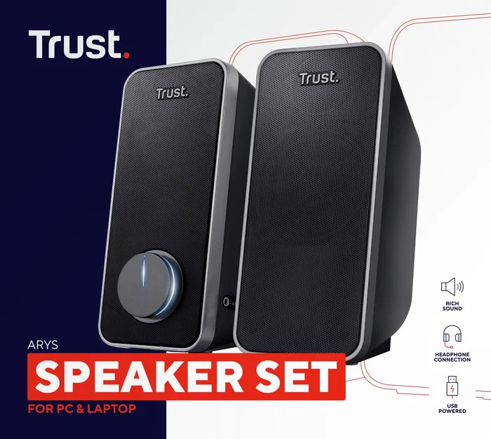 Trust Arys - Altavoces 2.0 para PC/Portátil, 28W (14W RMS), USB/Alimentación por Cable, Negro, Con Control de Volumen y Entrada para Auriculares, Modelo 20179