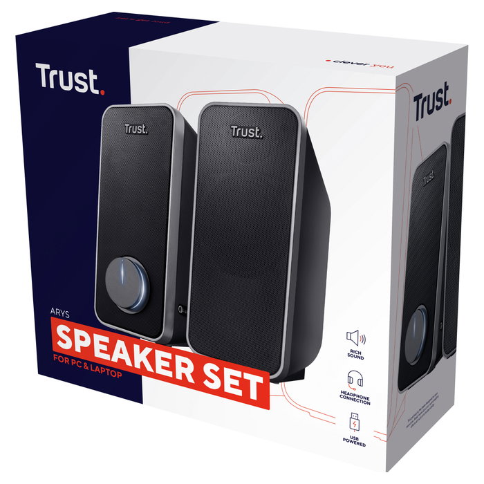 Trust Altavoces 2.0 Arys, 14W RMS, Control de Volumen, Conexión para Auriculares y Entrada de Línea, Alimentación USB, Color Negro