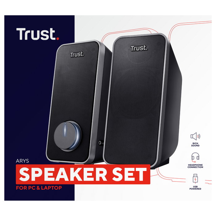 Trust Altavoces 2.0 Arys, 14W RMS, Control de Volumen, Conexión para Auriculares y Entrada de Línea, Alimentación USB, Color Negro